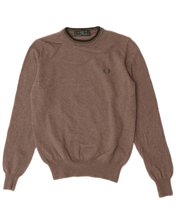 Damski sweter z okrągłym dekoltem Fred Perry UK 12 Średni brązowy wełniany