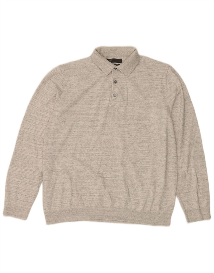 Marks & Spencer Męski sweter polo z dekoltem w serek, duży, szary, bawełniany w plamki
