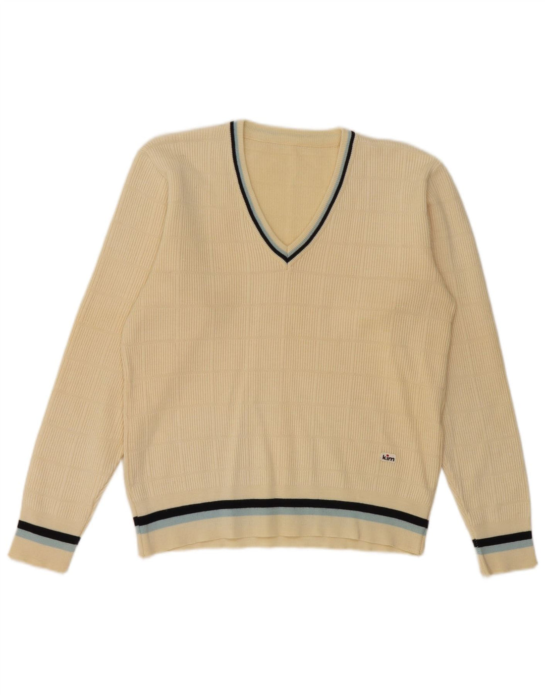 Sweter męski w stylu vintage z dekoltem w szpic UK 36, mała wełniana w kolorze złamanej bieli