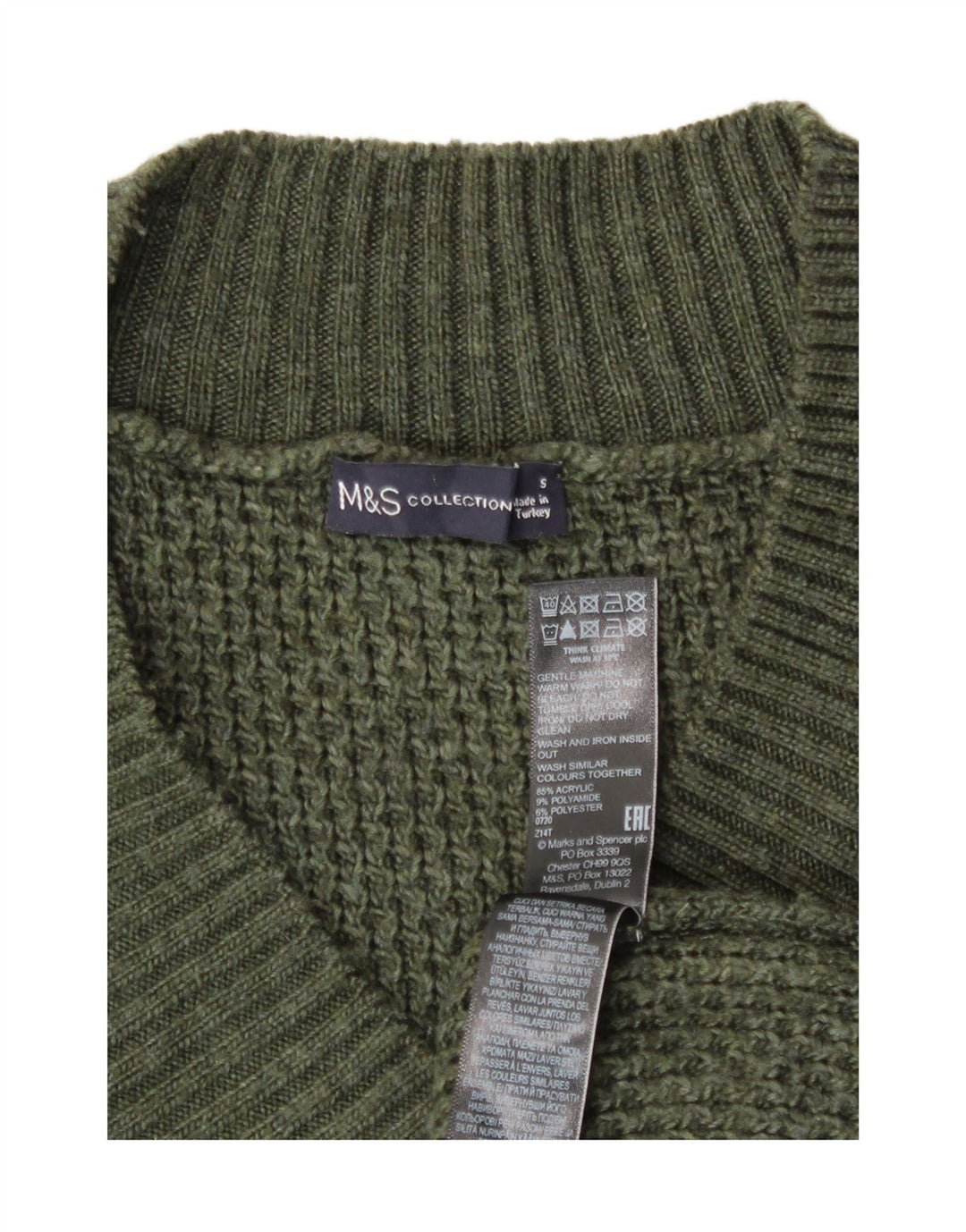 Marks & Spencer Męski sweter z dekoltem w kształcie litery V, mały, zielony, akrylowy