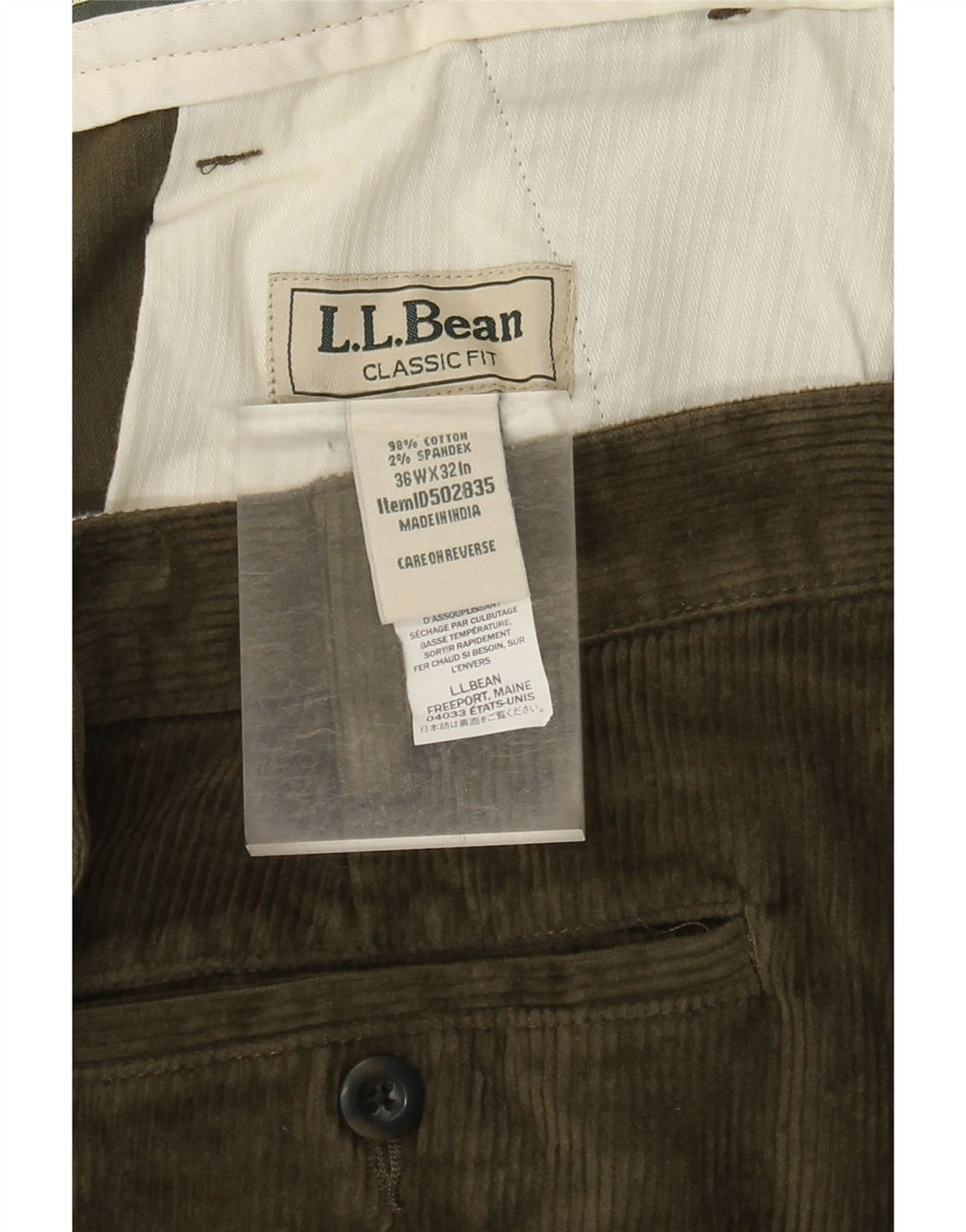 L.L.BEAN Męskie proste sztruksowe spodnie W36 L32 Khaki Cotton