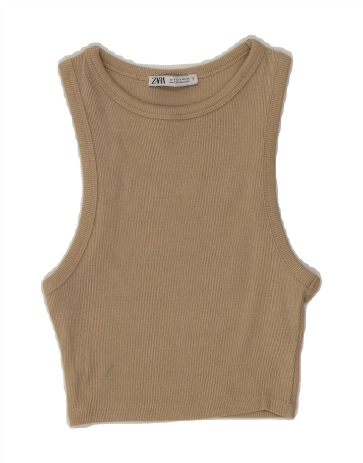ZARA Womens Crop Vest Top UK 8 Small Beige Cotton Vintage Zara and Second-Hand Zara from Messina Hembry 