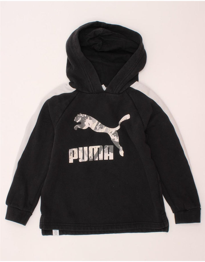 Chłopięcy sweter z kapturem i grafiką PUMA, 5-6 lat, czarna bawełna z blokami kolorów
