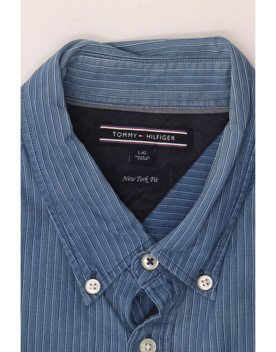 TOMMY HILFIGER Mens Shirt Large Navy Blue Striped Cotton Vintage Tommy Hilfiger and Second-Hand Tommy Hilfiger from Messina Hembry 