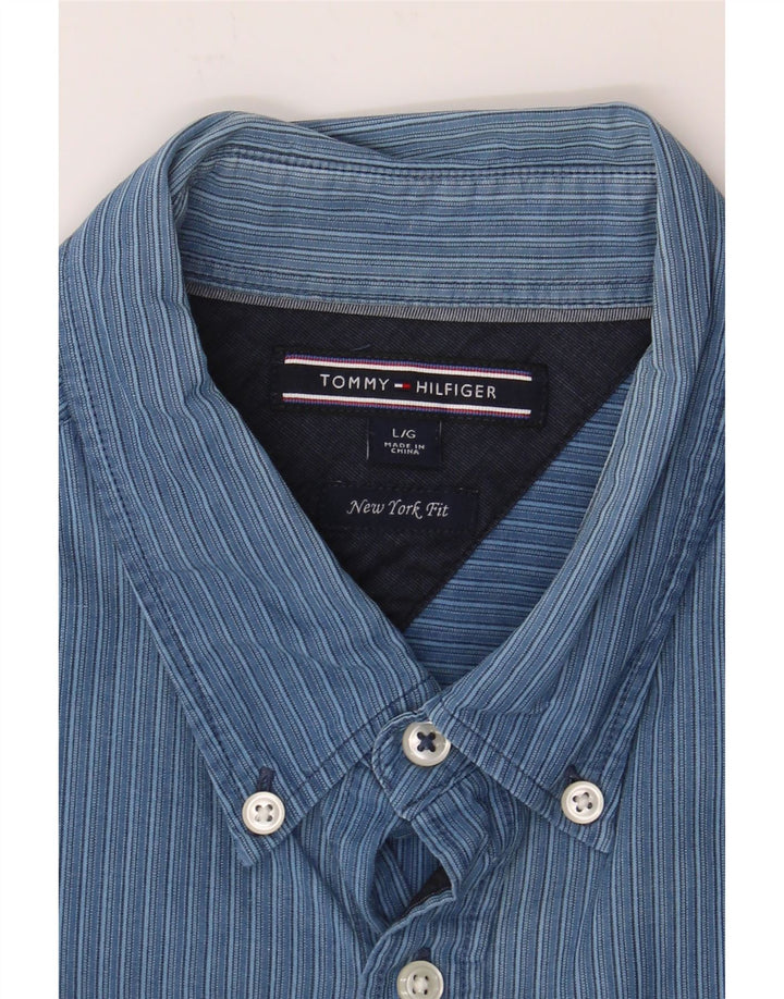TOMMY HILFIGER Mens Shirt Large Navy Blue Striped Cotton Vintage Tommy Hilfiger and Second-Hand Tommy Hilfiger from Messina Hembry 