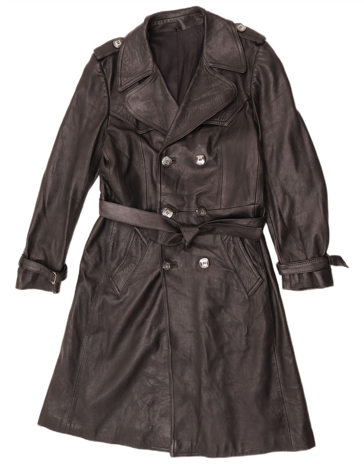 Vintage męski skórzany trencz z podwójnymi piersiami UK 36 Small Black