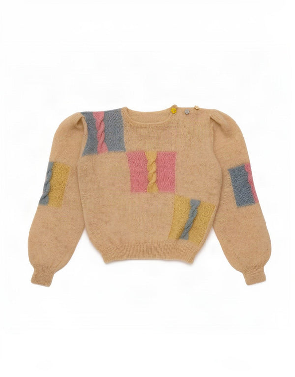 Sweter damski w stylu vintage z okrągłym dekoltem UK 16, duży, beżowy blok kolorów