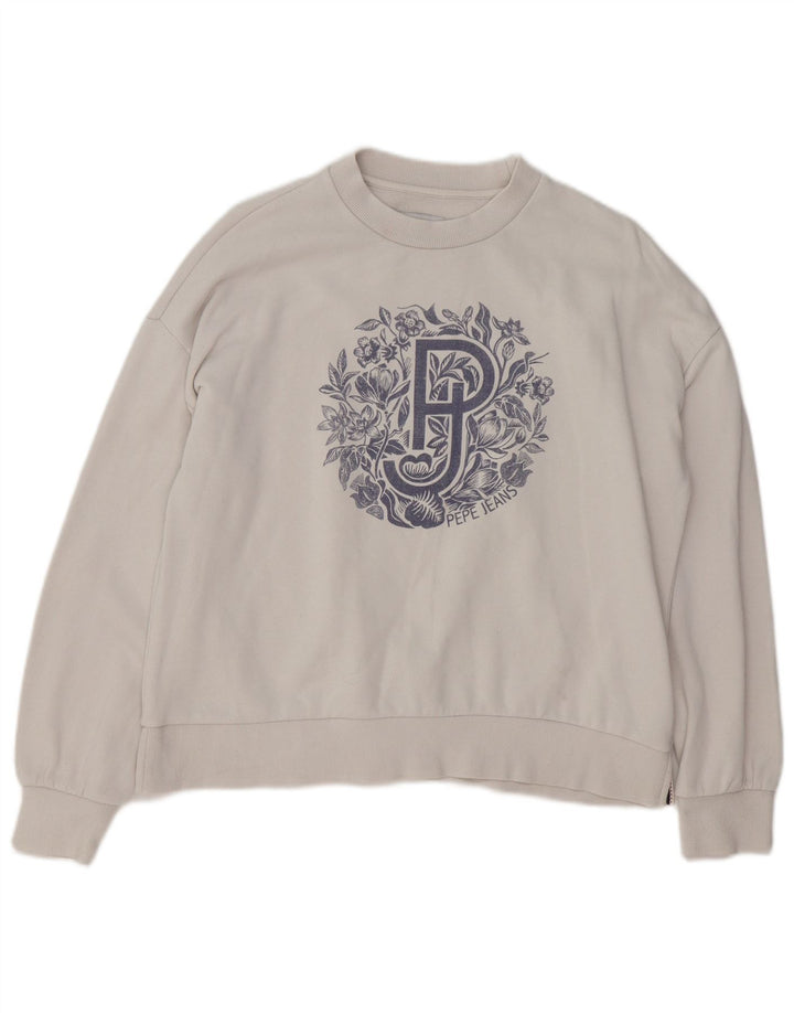 PEPE JEANS Womens Graphic Oversized Sweatshirt Jumper UK 10 Small White Vintage PEPE Jeans and Second-Hand PEPE Jeans from Messina Hembry 