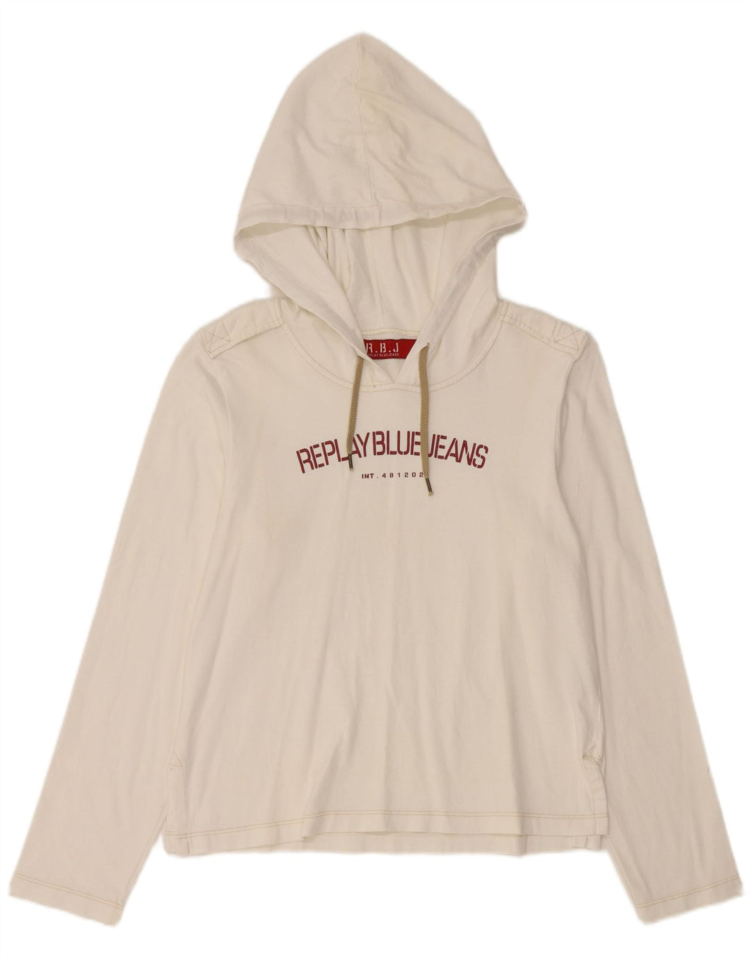 Damski top z kapturem i grafiką REPLAY, z długim rękawem, UK 14, duży, biały, bawełniany