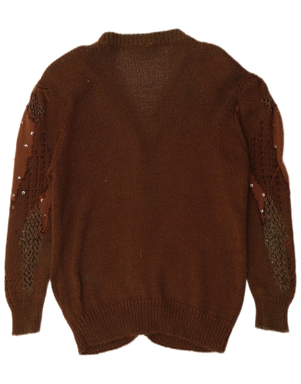 Vintage damski sweter rozpinany w abstrakcyjny wzór UK 14 średni brąz
