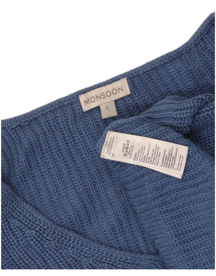 Damski sweter oversize Monsoon z dekoltem w szpic, UK 16, duży, niebieski, bawełniany