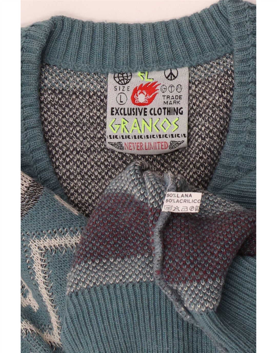Sweter męski w stylu vintage z dekoltem w szpic, duży, niebieski, geometryczny, wełniany