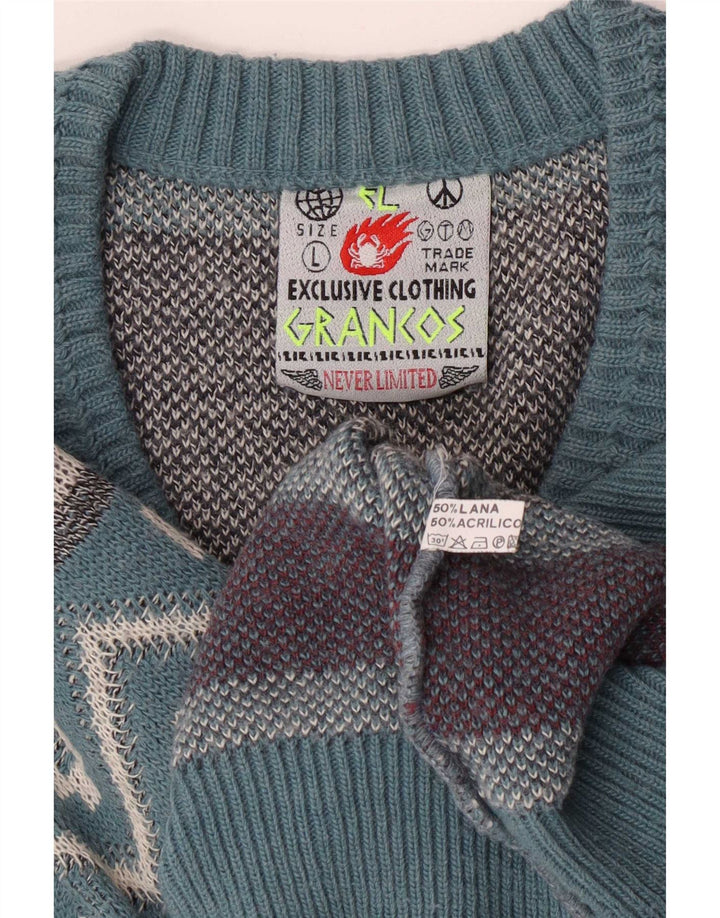 Sweter męski w stylu vintage z dekoltem w szpic, duży, niebieski, geometryczny, wełniany