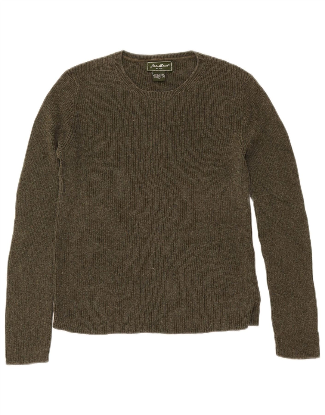 Damski sweter z okrągłym dekoltem EDDIE BAUER UK 10, mały, bawełniany khaki