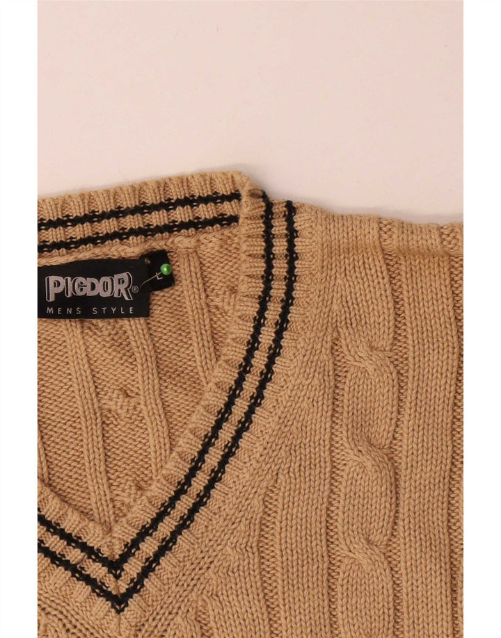 Sweter męski w stylu vintage z dekoltem w szpic, duży, beżowy, bawełniany