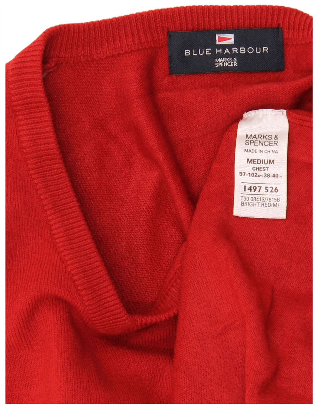 Męski sweter Marks & Spencer Blue Harbor z dekoltem w kształcie litery V, średnio czerwony, akrylowy