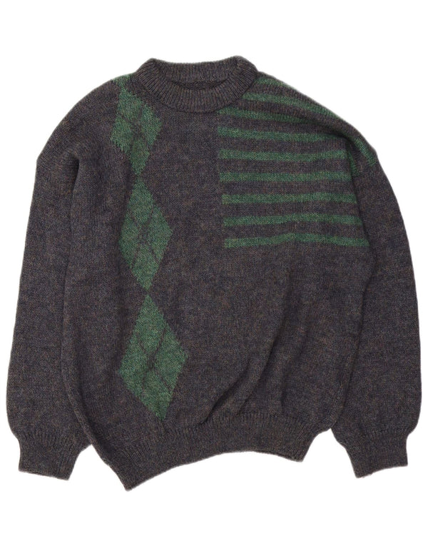 Vintage męski sweter z okrągłym dekoltem XL granatowy Argyle/diament