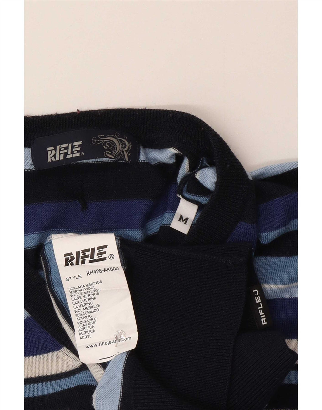Sweter męski Rifle z dekoltem w szpic, wełniany w kolorze średniego granatu w paski