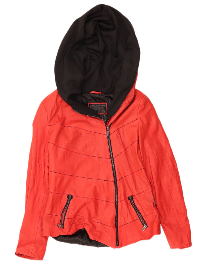 IBIZA Damska skórzana kurtka z kapturem UK 20 2XL Czerwona skóra z blokami kolorów