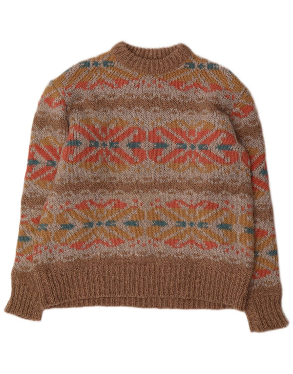 Sweter damski w stylu vintage z okrągłym dekoltem UK 14, duży brązowy Fair Isle