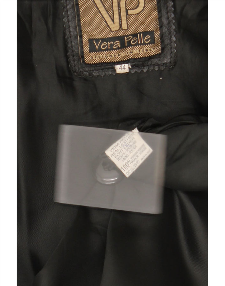 Vintage damski płaszcz skórzany z kapturem IT 44, średnia czarna skóra