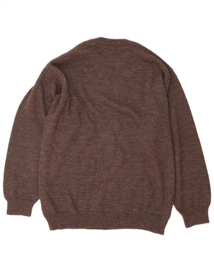 Vintage męski sweter z wycięciem pod szyją, duży brązowy Argyle/diament