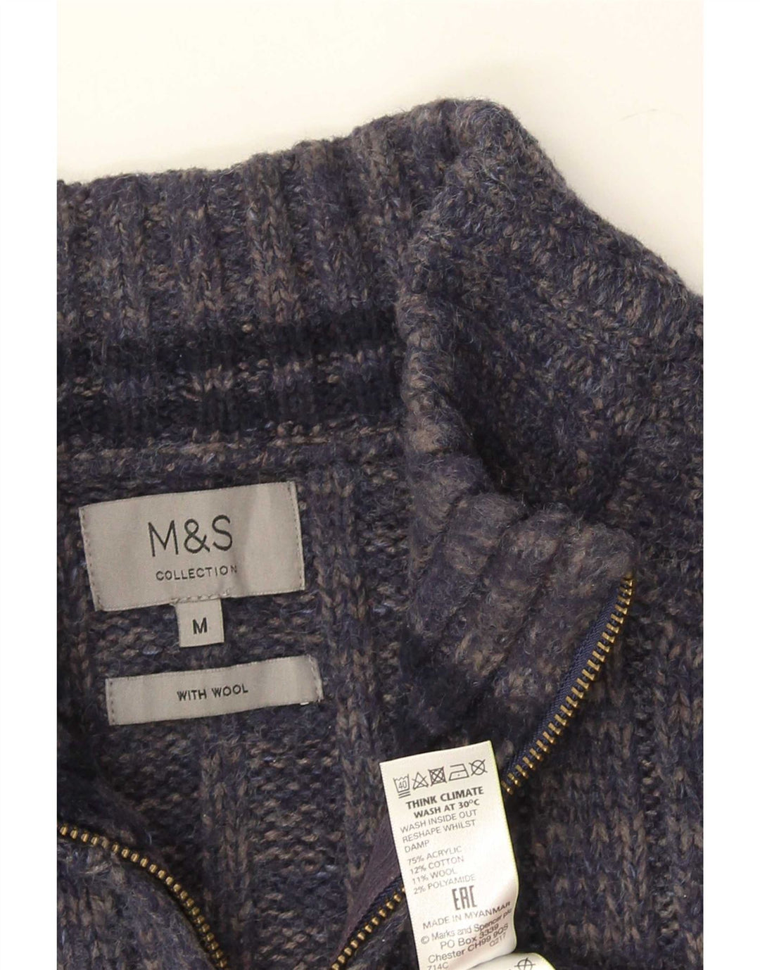 Marks & Spencer Męski sweter z zamkiem błyskawicznym, średni granatowy, nakrapiany