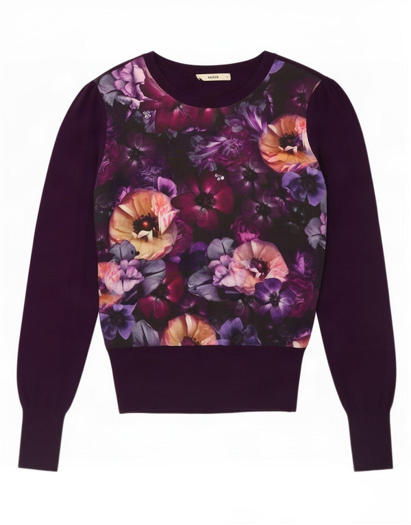 Sweter damski Oasis z dekoltem w łódkę UK 14, średni fiolet, bawełna w kwiaty