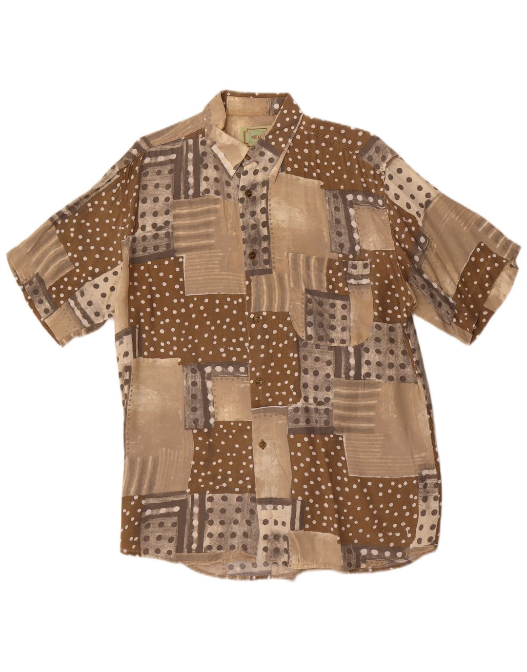 Koszula męska z krótkim rękawem w stylu vintage, średni brązowy patchwork