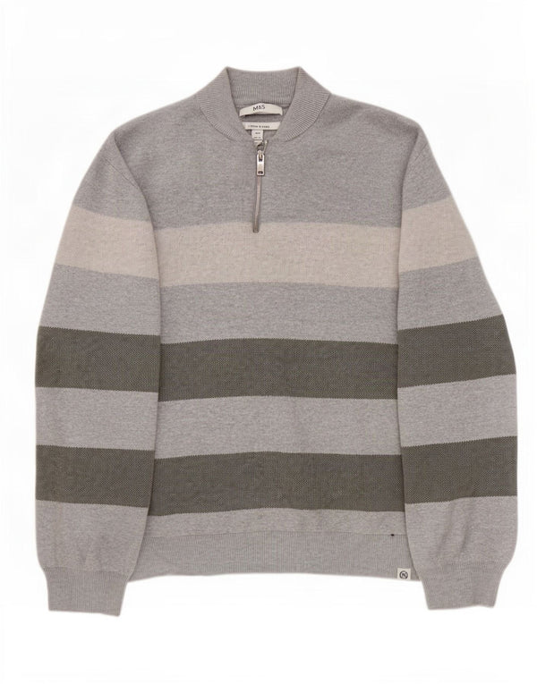 Marks & Spencer Męski sweter z zamkiem błyskawicznym, 3XL, szary, bawełniany w paski