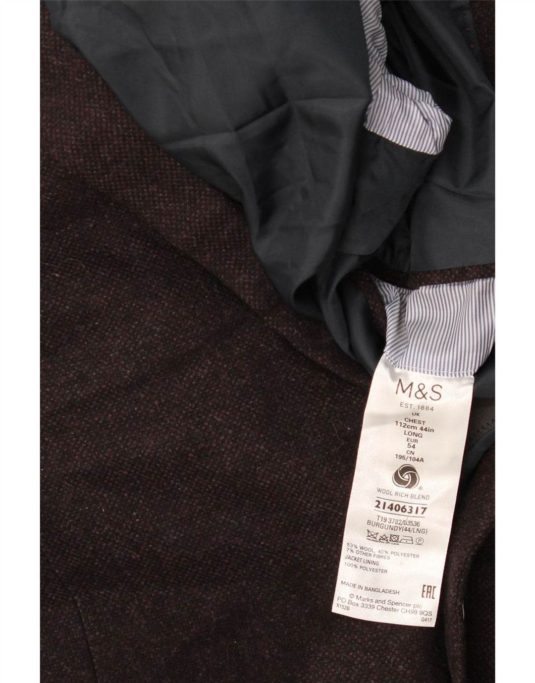 Marks & Spencer Męska marynarka zapinana na 2 guziki UK 44 2XL Burgundowa wełna