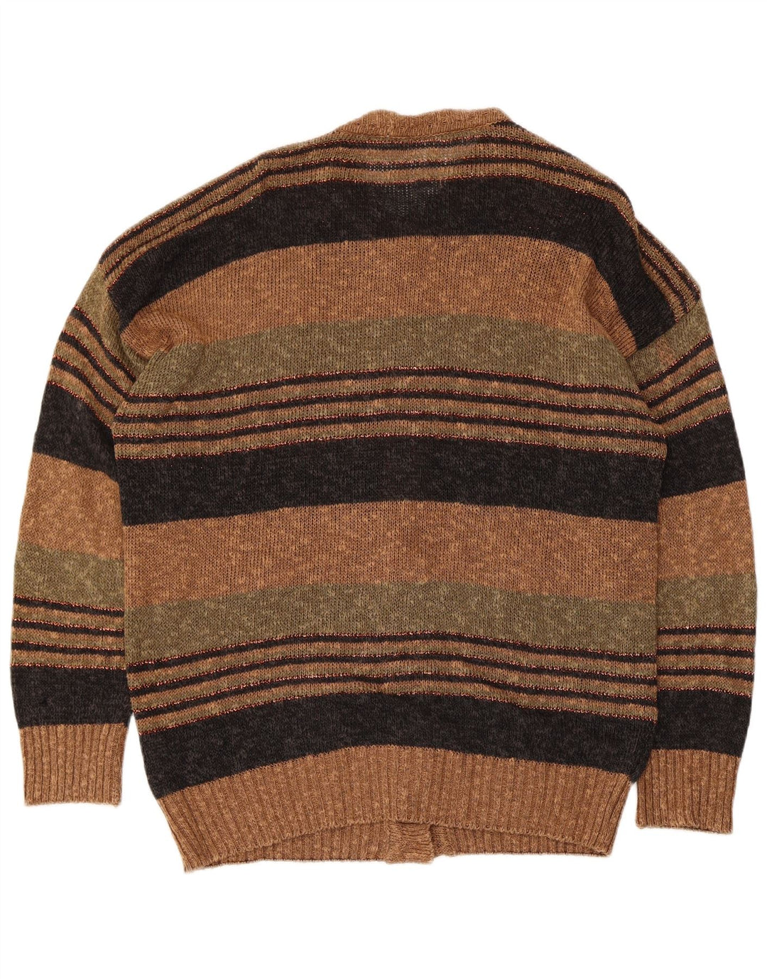 Vintage damski sweter rozpinany, duży, brązowy, lniany w paski