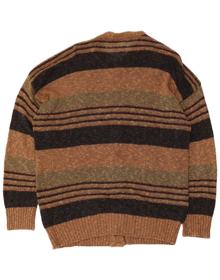 Vintage damski sweter rozpinany, duży, brązowy, lniany w paski