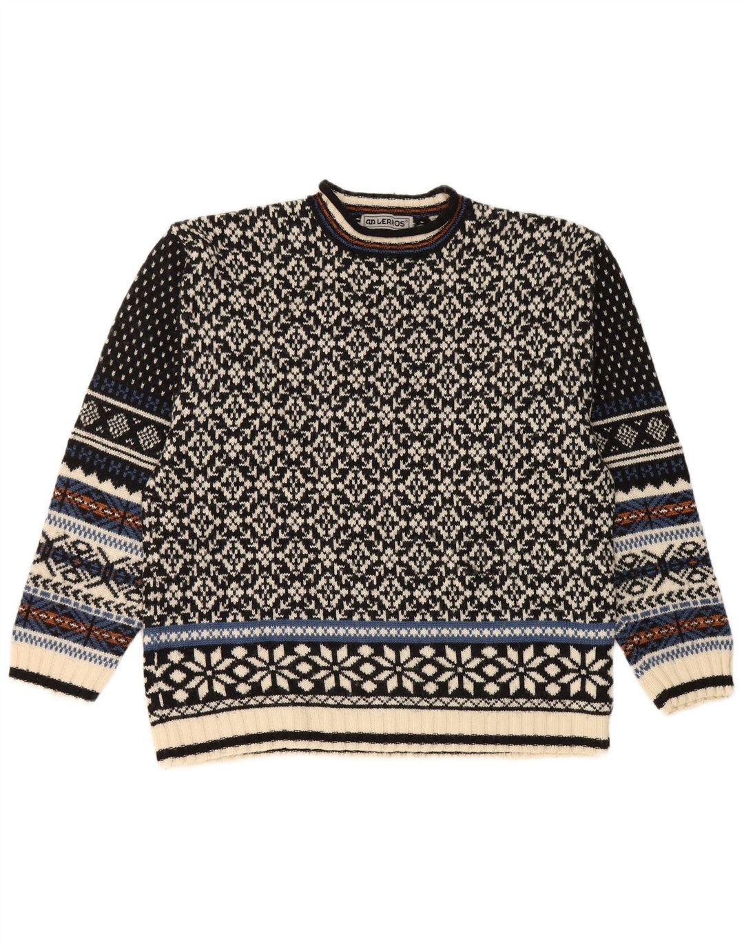 Lerros Męski sweter z okrągłym dekoltem Średni czarny Fair Isle Wool