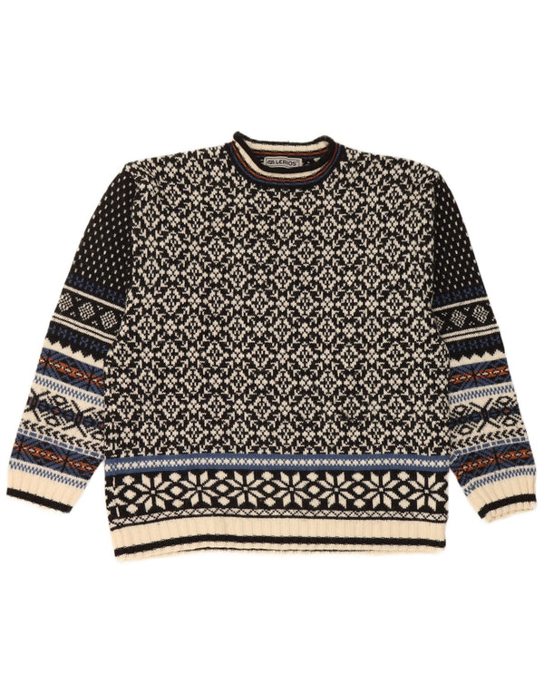 Lerros Męski sweter z okrągłym dekoltem Średni czarny Fair Isle Wool