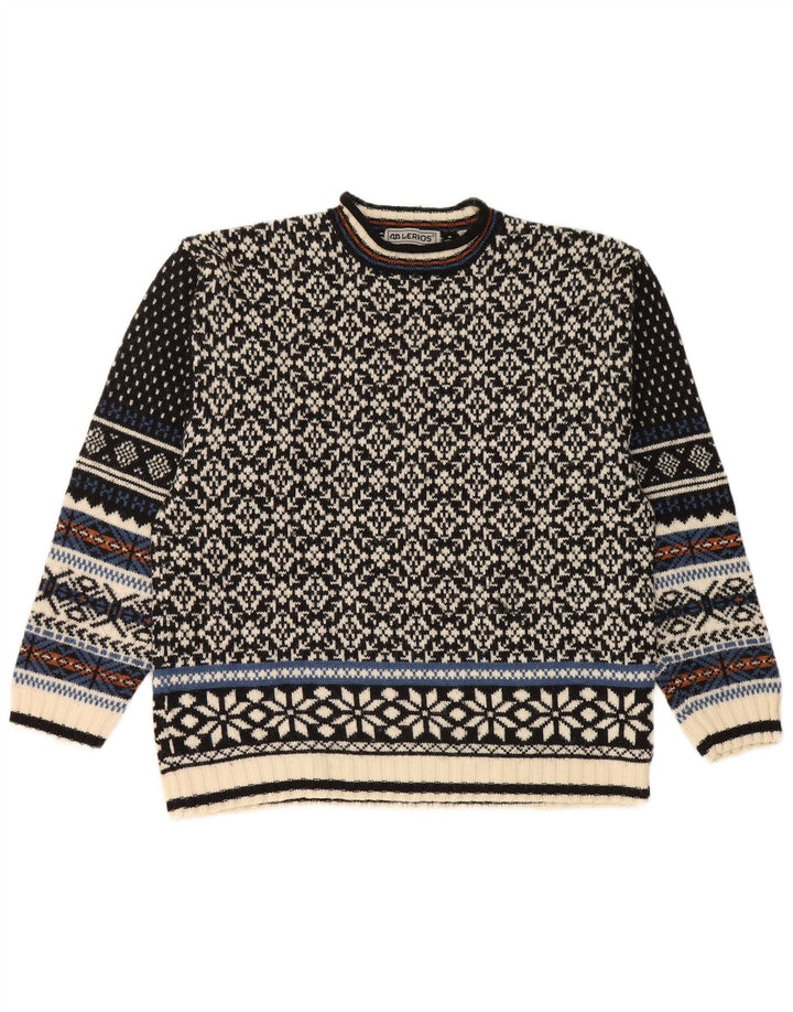 Lerros Męski sweter z okrągłym dekoltem Średni czarny Fair Isle Wool
