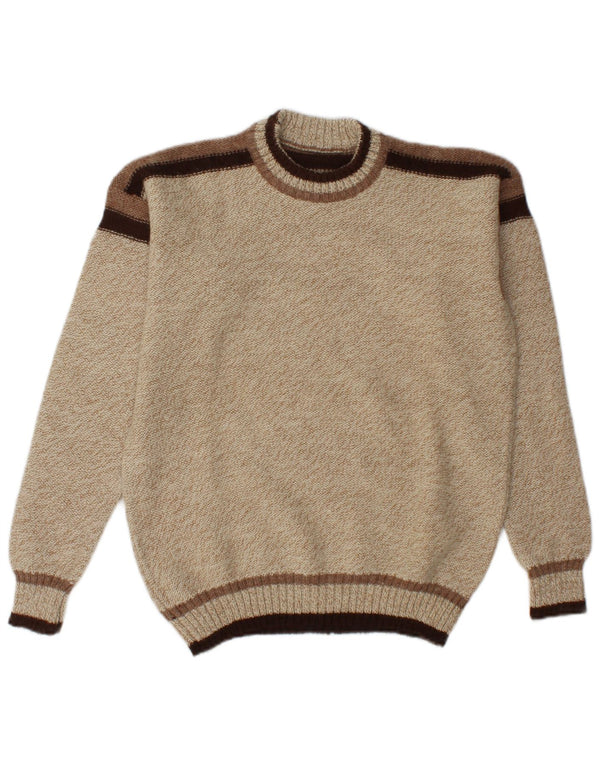 Vintage męski sweter z wycięciem pod szyją, średni beżowy akryl w blokach kolorystycznych