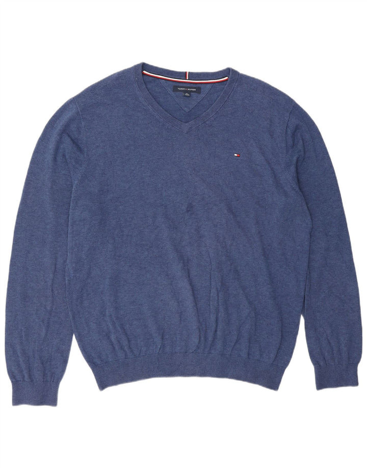 Męski sweter Tommy Hilfiger z dekoltem w kształcie litery V, XL, niebieski, klasyczny