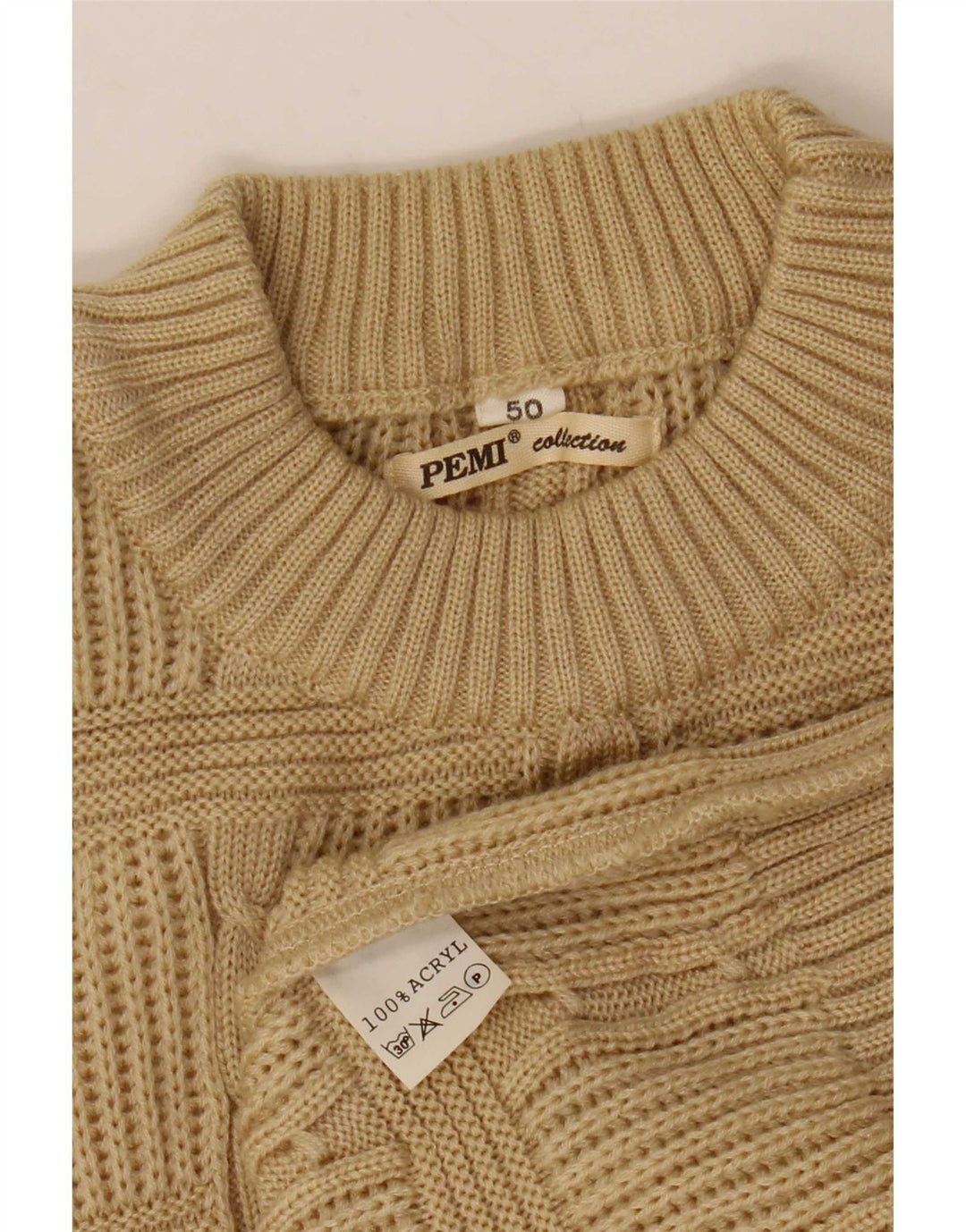 Vintage męski sweter z okrągłym dekoltem IT 50 średni beżowy akryl