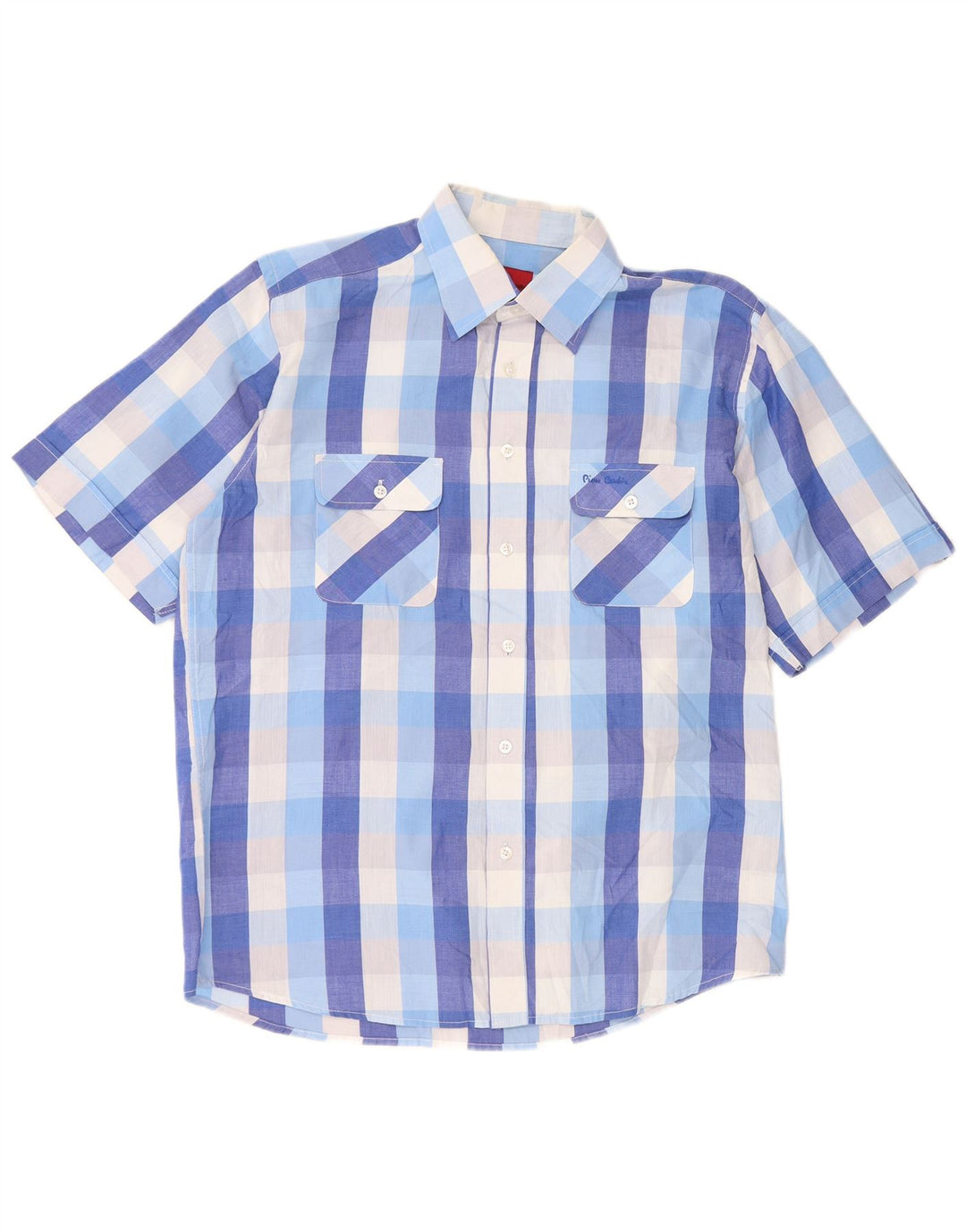 PIERRE CARDIN Mens Short Sleeve Shirt Large Blue Plaid Polyester