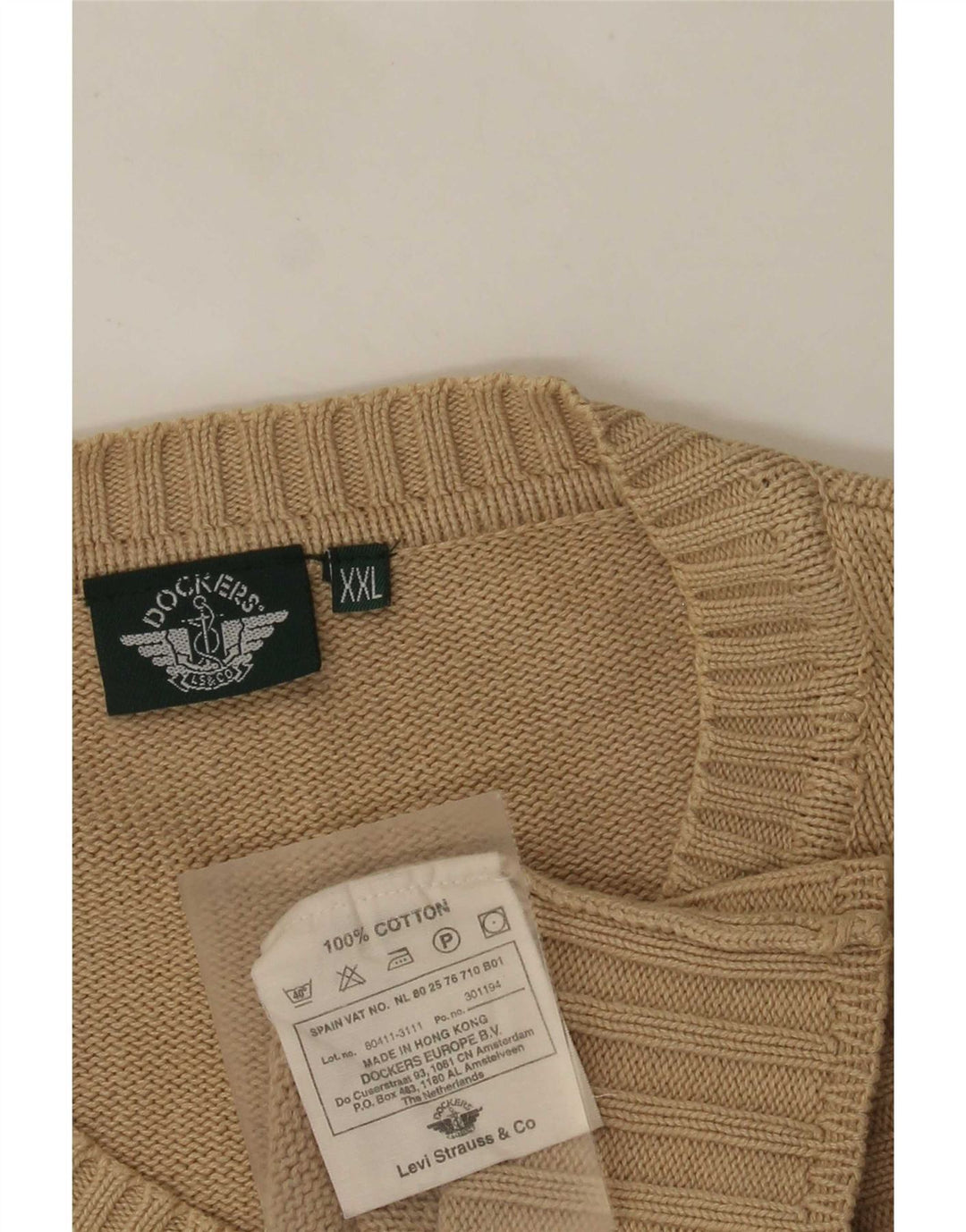 Męski sweter Dockers z dekoltem w kształcie litery V, 2XL, beżowy, bawełniany