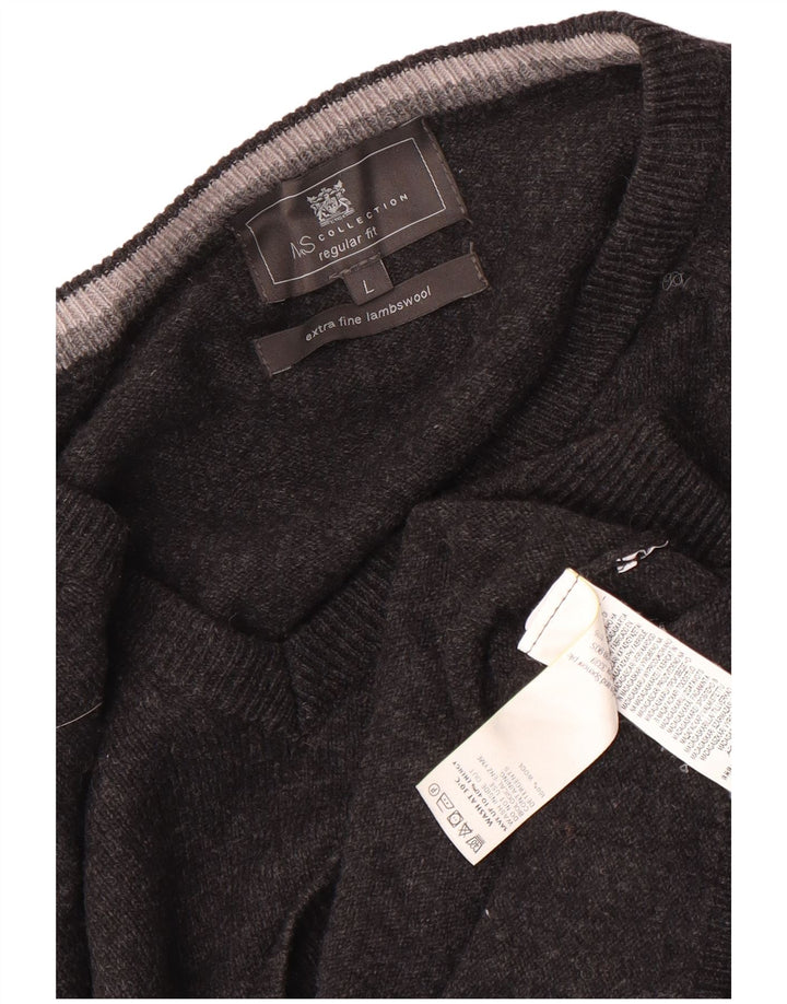 Marks & Spencer Męski sweter o regularnym kroju z dekoltem w kształcie litery V, duży, szary, wełniany