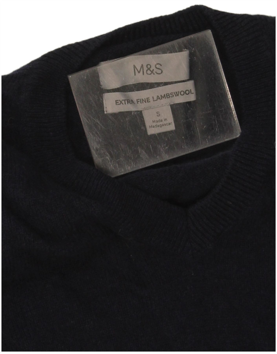 Marks & Spencer Męski sweter z dekoltem w kształcie litery V, mały, granatowy, wełniany
