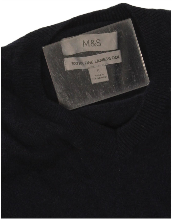 Marks & Spencer Męski sweter z dekoltem w kształcie litery V, mały, granatowy, wełniany