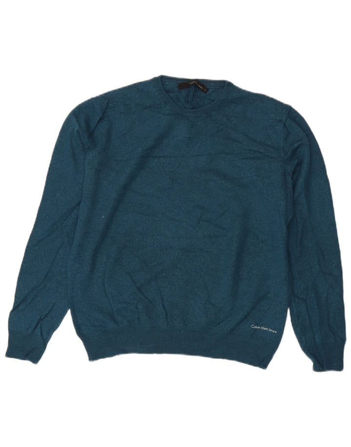 Damski sweter z okrągłym dekoltem Calvin Klein Jeans UK 16, duży, niebieski, wełniany