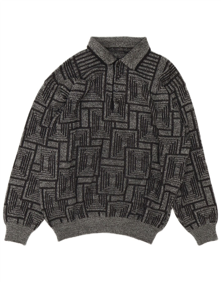 Vintage męski sweter z golfem Duży Szary Geometryczny