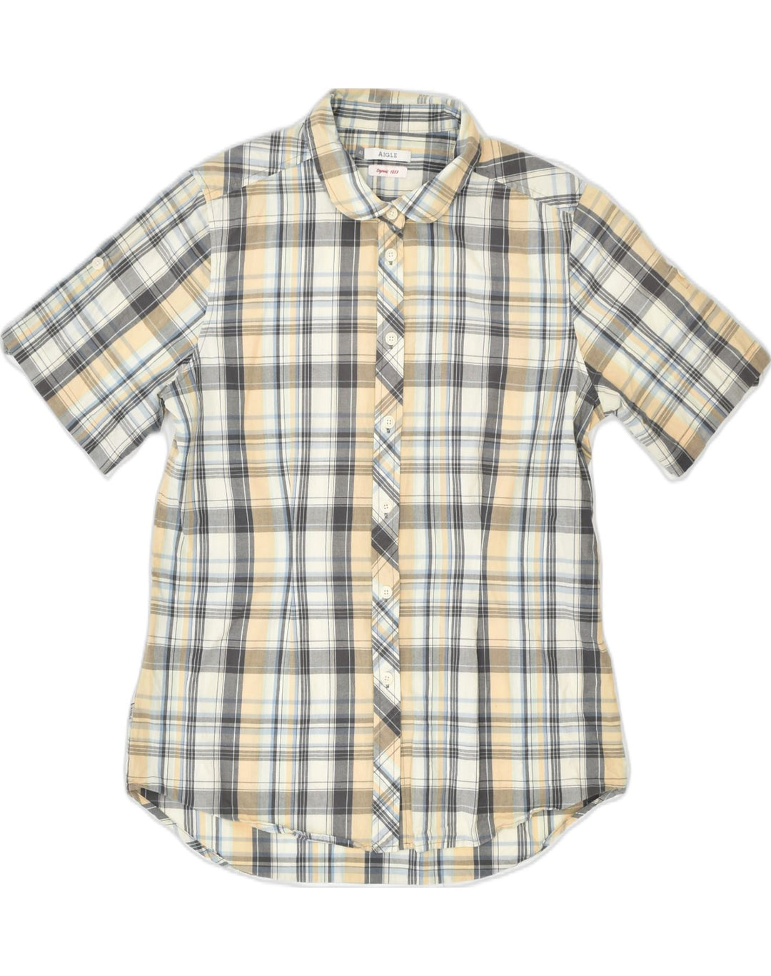 AIGLE Mens Short Sleeve Shirt Size 40 Medium Beige Plaid Cotton | Vintage | Thrift | Second-Hand | Used Clothing | Messina Hembry 
