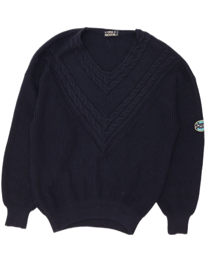 Vintage męski sweter z dekoltem w kształcie litery V, XL, granatowy, wełniany