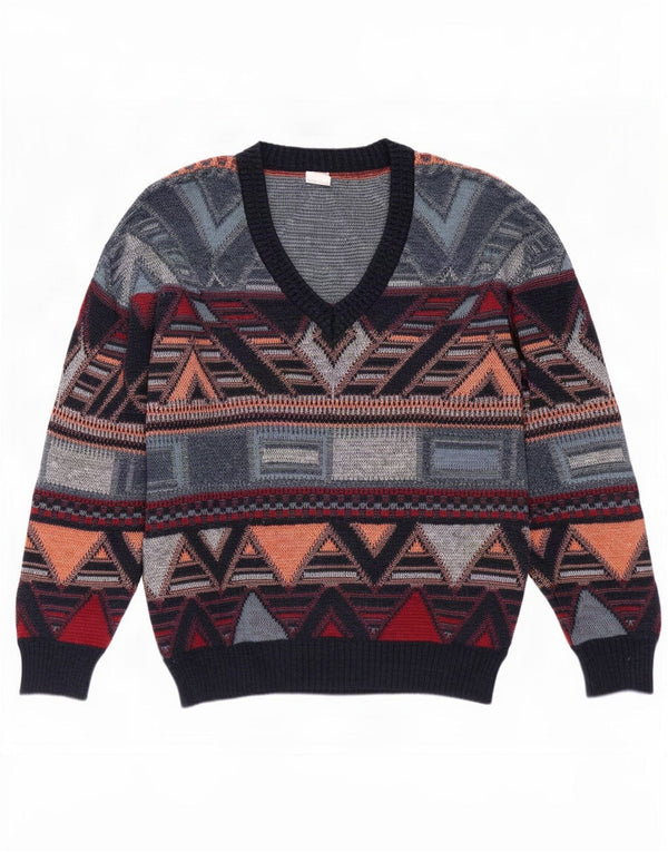 Vintage Mens V-Neck Jumper Sweater UK 38/40 Medium Multicoloured Geometric