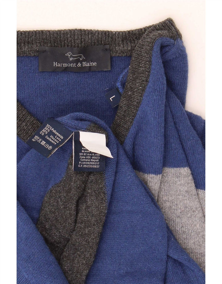 Harmont & Blaine Męski sweter z okrągłym dekoltem, duże, niebieskie paski, poliamid